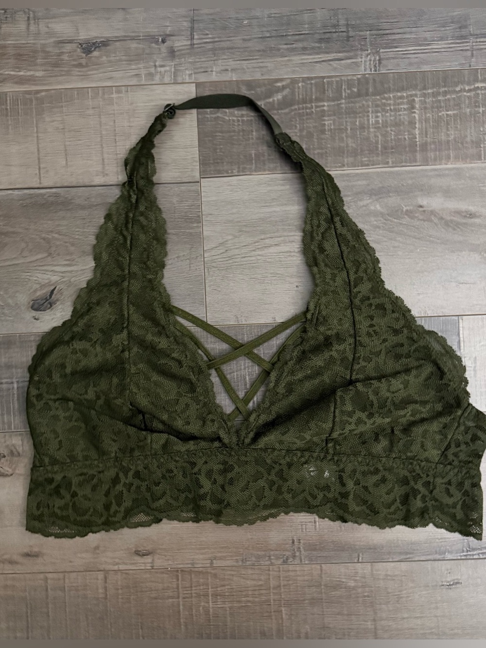 PINK Victoria's Secret Olive Green Lace Halter Bralette with Crisscross Front